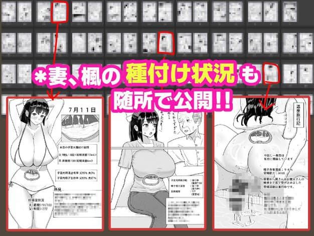 多数のぼかした一覧に赤枠と矢印を重ね、「楓の種付け状況も随所で公開」と案内し、楓と明弘の記録例を三つ示す。