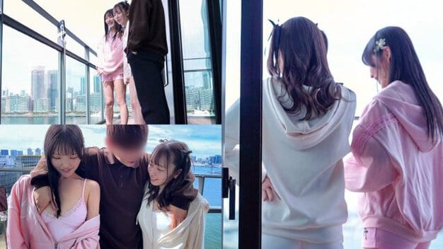 ピンクと白のパーカーを着た二人の女性がベランダで男性と並んで立っている。